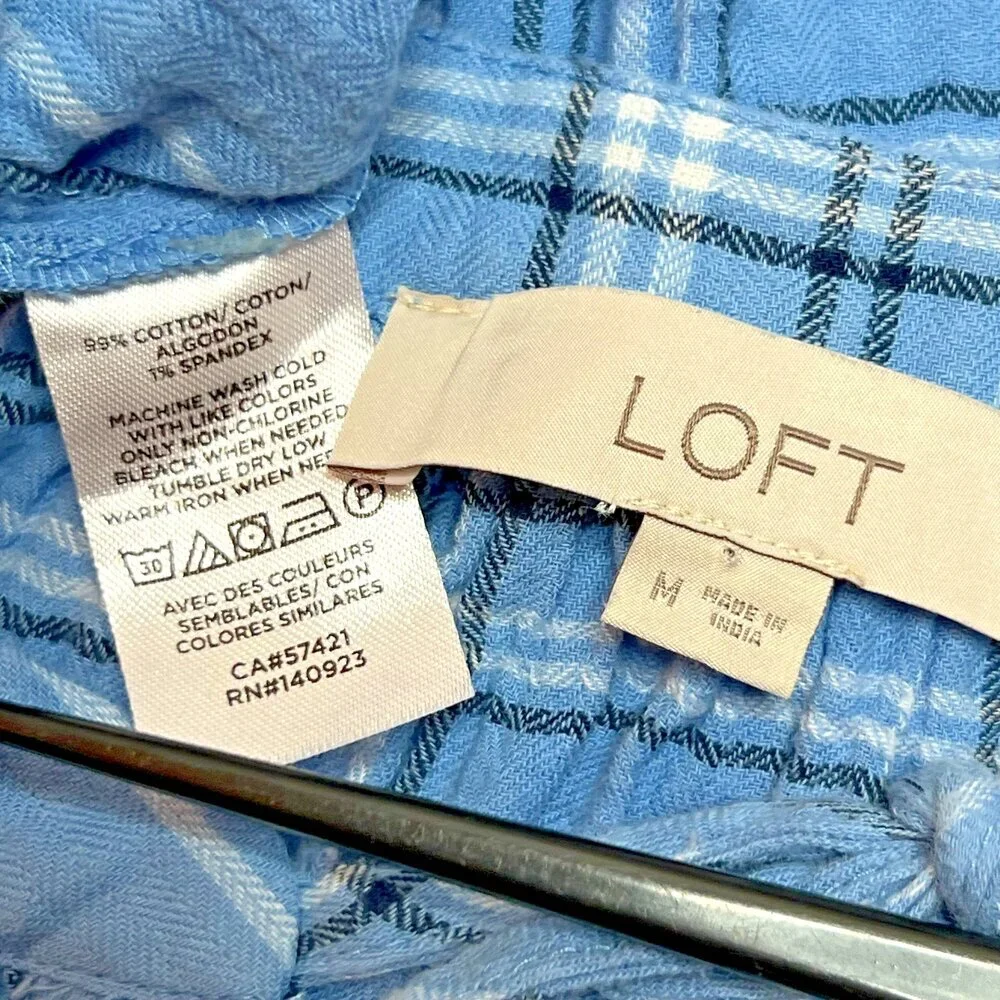 LOFT Blouse Womens L Short Puff Sleeve Tied V-Neck Blue Plaid Print Babydoll